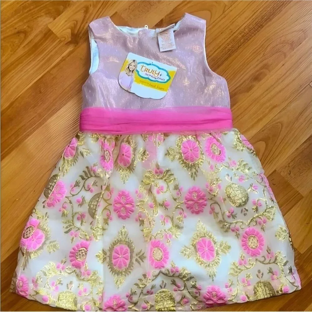 Truly Scrumptious Girls Pink Gold Floral Shimmer Bow Back Party Dress NWT 24M